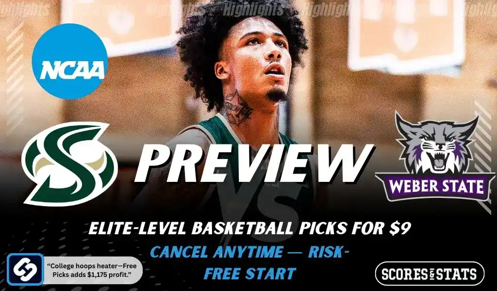 Previews 10 Sacramento State Hornets vs Weber State Wildcats NCAA basketball preview graphic with a player close up and team logos