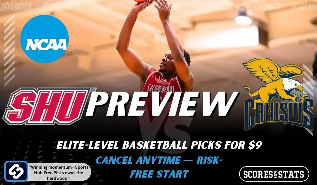 Previews 10 NCAA basketball preview graphic for Sacred Heart Pioneers vs Canisius Golden Griffins with team logos game photo and the word Preview for January 4 2026