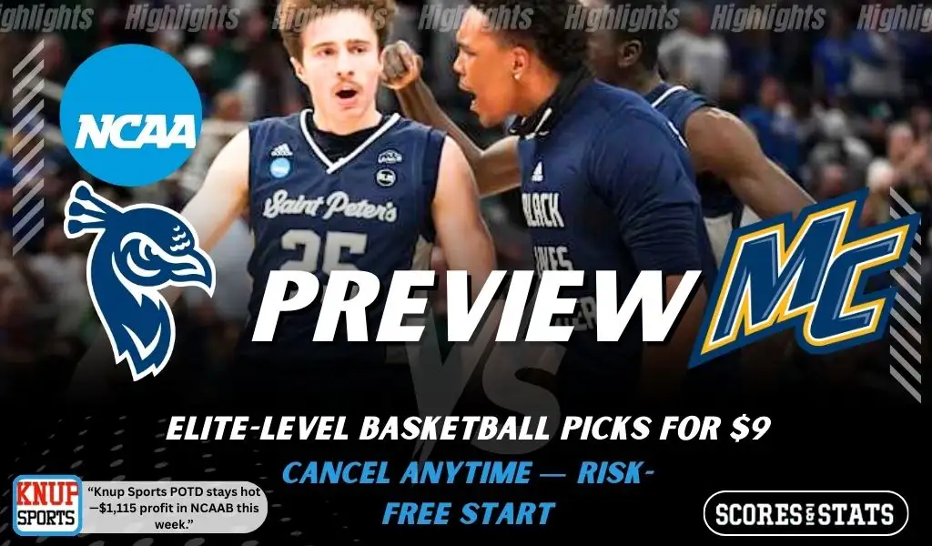 Saint Peters Peacocks vs Merrimack College Warriors preview graphic with team logos and NCAA branding promoting college basketball picks and predictions for January 24 2026