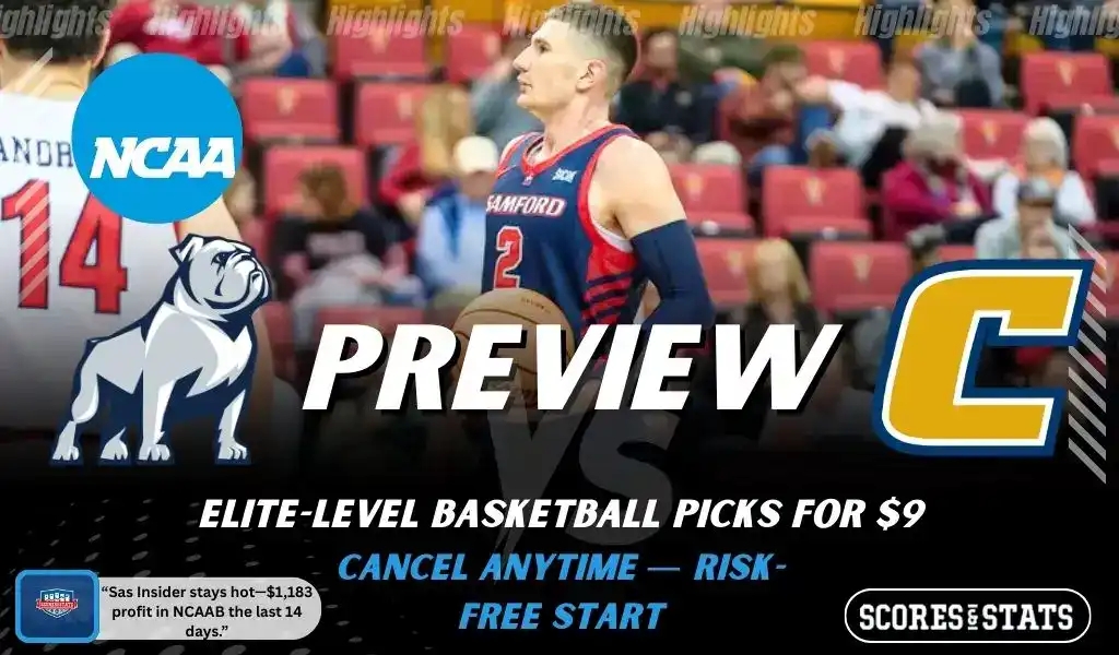 Samford Bulldogs versus Chattanooga Mocs college basketball preview graphic with team logos and Scores and Stats branding January 10 2026