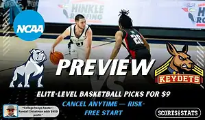 Samford Bulldogs vs VMI Keydets NCAA basketball preview graphic with two players facing off and team logos