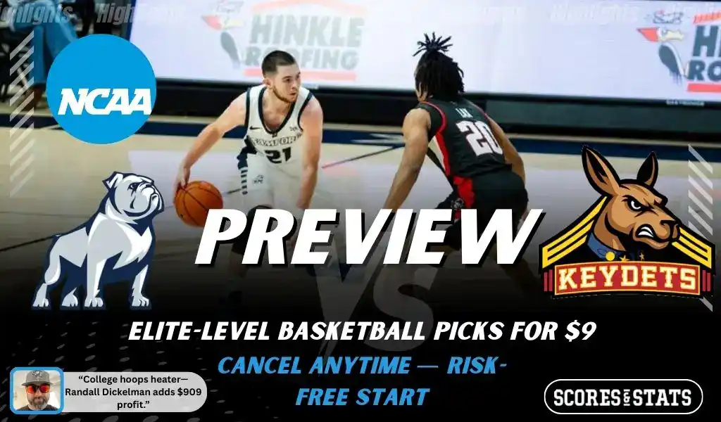 Samford Bulldogs vs VMI Keydets NCAA basketball preview graphic with two players facing off and team logos