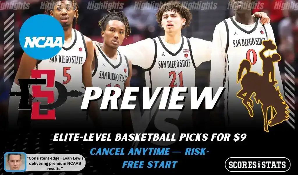 San Diego State Aztecs vs Wyoming Cowboys basketball preview graphic with SDSU and Wyoming logos and San Diego State players in the background
