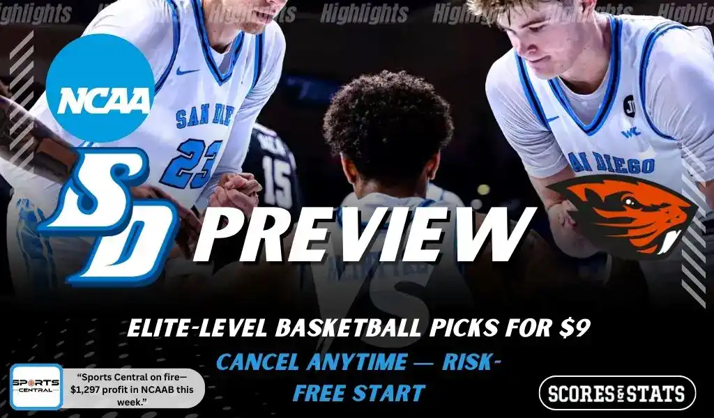 San Diego Toreros vs Oregon State Beavers preview graphic with both team logos, “Picks and Predictions” label, and San Diego Toreros basketball action background (January 31, 2026).