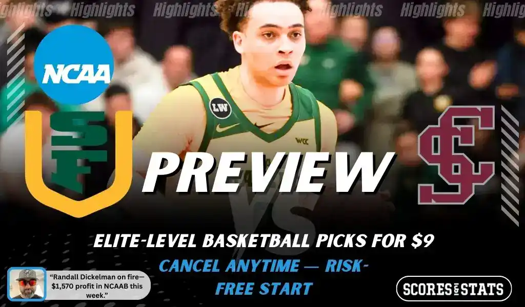 San Francisco Dons vs Santa Clara Broncos preview graphic with team logos and NCAA branding for picks and predictions on January 28 2026