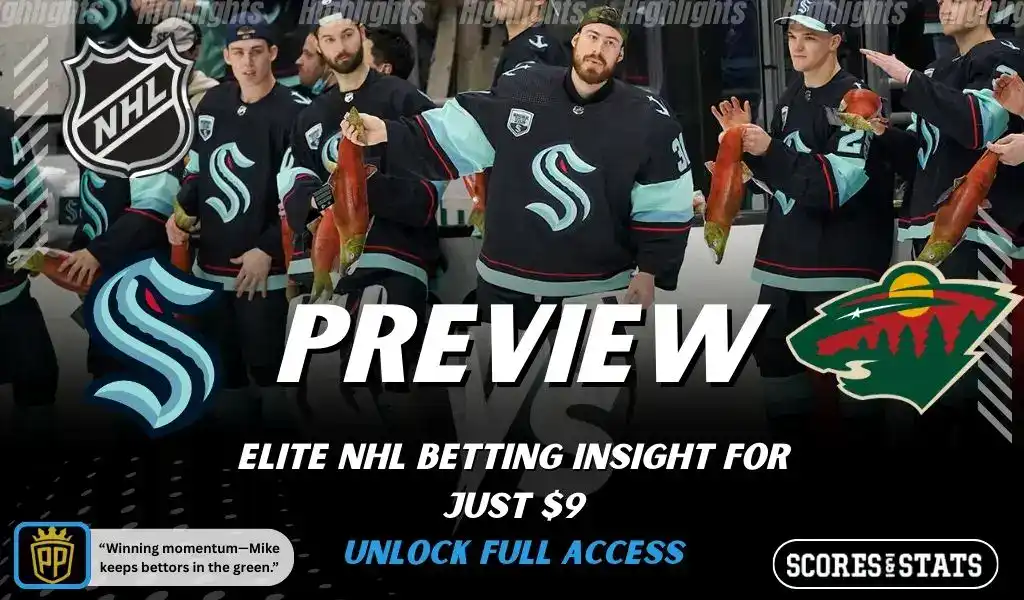 NHL game preview graphic for Seattle Kraken vs Minnesota Wild with team logos players photo and the word Preview for January 8 2026