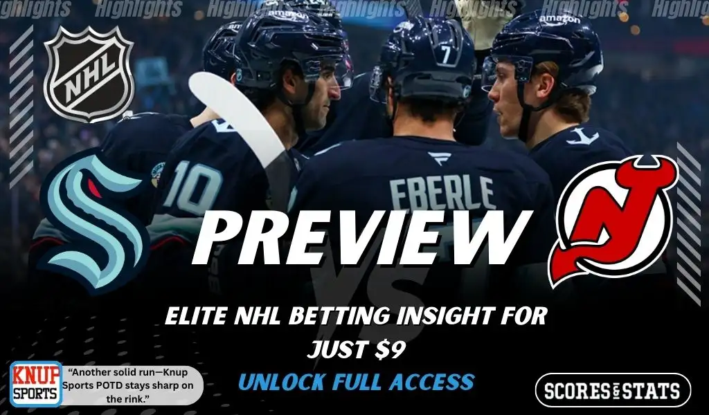 Seattle Kraken vs New Jersey Devils preview graphic with team logos and NHL branding promoting picks and betting insight for January 25 2026