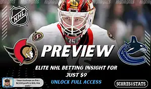 Ottawa Senators versus Vancouver Canucks NHL preview graphic with team logos and Scores and Stats branding January 13 2026