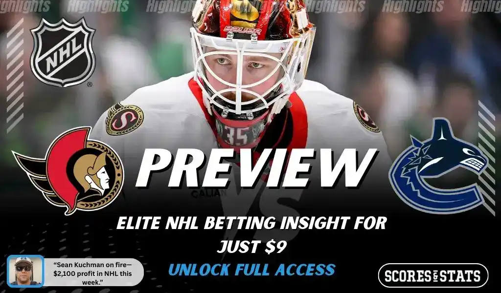 Ottawa Senators versus Vancouver Canucks NHL preview graphic with team logos and Scores and Stats branding January 13 2026