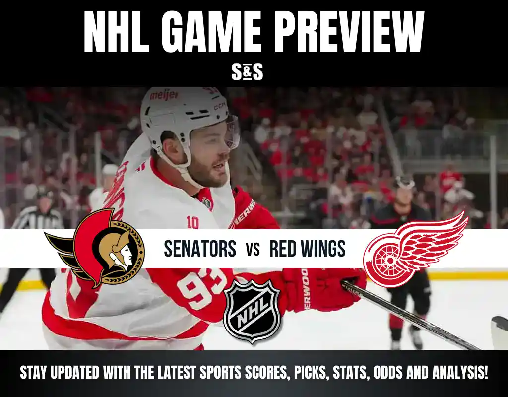 NHL Game preview featuring a player in a Red Wings jersey, highlighting the matchup between the Senators and Red Wings.