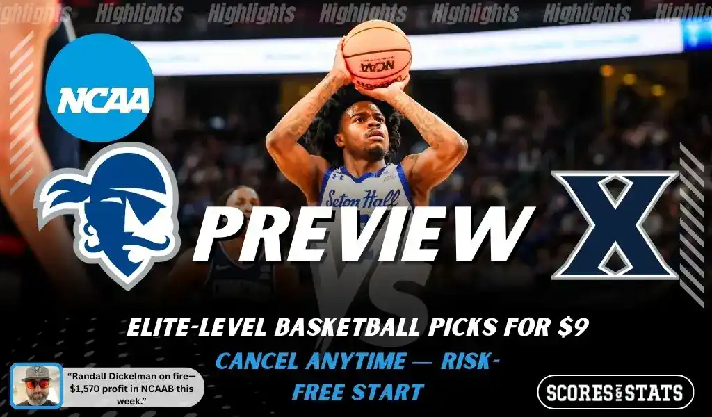 Seton Hall Pirates vs Xavier Musketeers preview graphic with team logos and NCAA branding promoting college basketball picks and predictions for January 28 2026