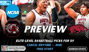 South Carolina Gamecocks vs Arkansas Razorbacks basketball preview graphic with South Carolina and Arkansas logos and players celebrating in the background