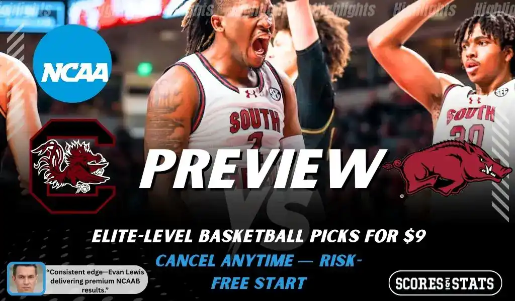 South Carolina Gamecocks vs Arkansas Razorbacks basketball preview graphic with South Carolina and Arkansas logos and players celebrating in the background