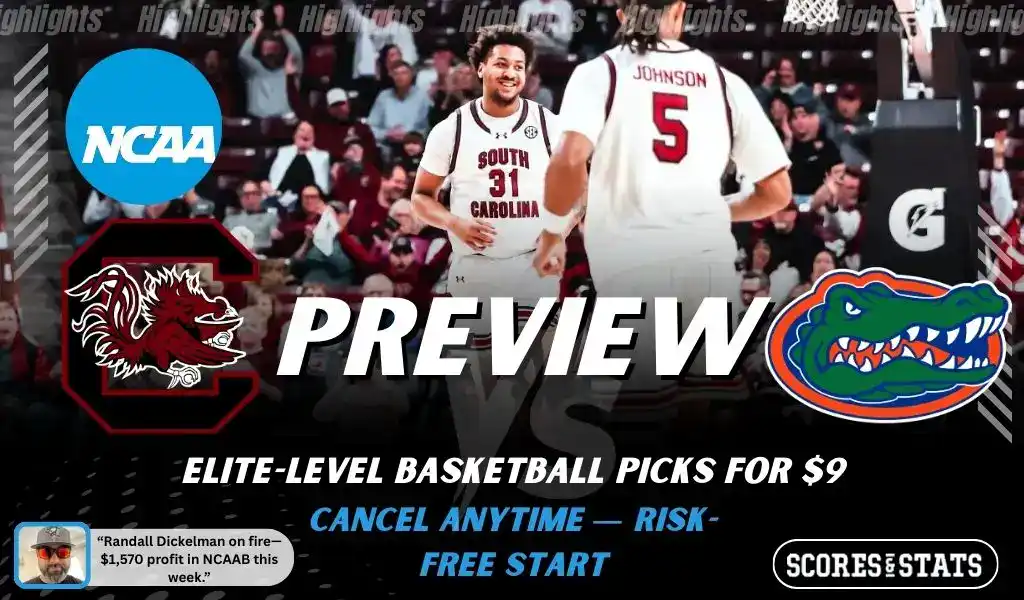 South Carolina Gamecocks vs Florida Gators preview graphic with team logos and NCAA branding promoting college basketball picks and predictions for January 28 2026