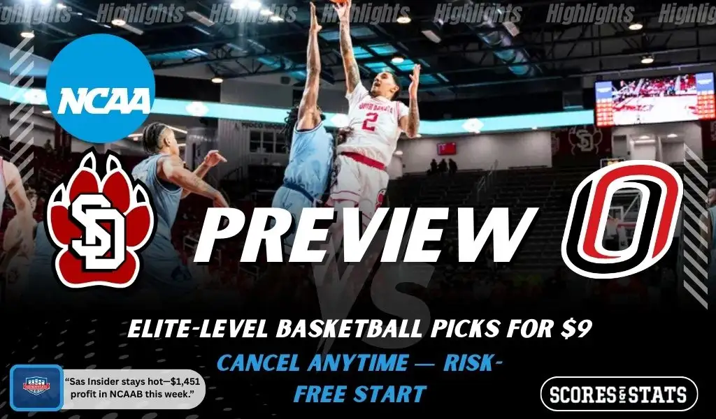 South Dakota Coyotes vs Omaha Mavericks college basketball preview graphic showing a player shooting at the rim with both team logos for January 21 2026