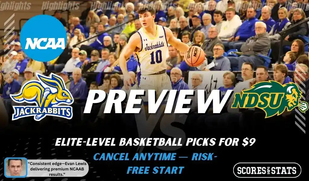 South Dakota State Jackrabbits vs North Dakota State Bison basketball preview graphic with SDSU and NDSU logos and a Jackrabbits player dribbling on the court