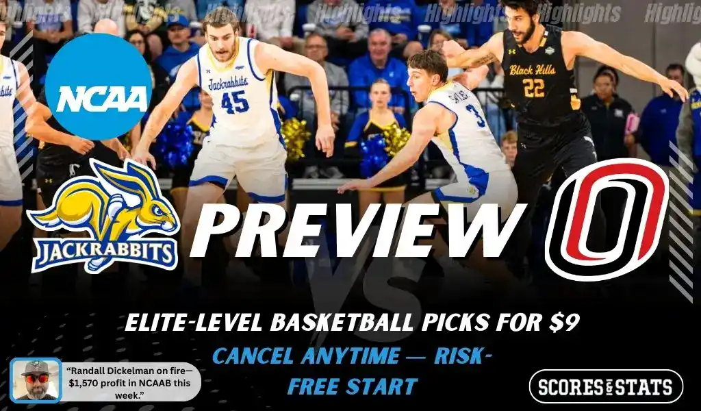 South Dakota State Jackrabbits vs Omaha Mavericks preview graphic with team logos and NCAA branding promoting college basketball picks and predictions for January 28 2026