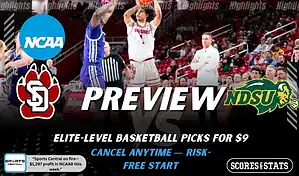 South Dakota Coyotes vs North Dakota State Bison preview graphic with both team logos, “Picks and Predictions” label, and South Dakota Coyotes basketball action background (January 31, 2026).