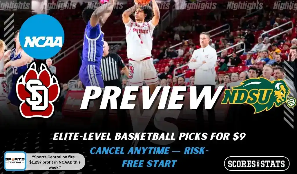 South Dakota Coyotes vs North Dakota State Bison preview graphic with both team logos, “Picks and Predictions” label, and South Dakota Coyotes basketball action background (January 31, 2026).