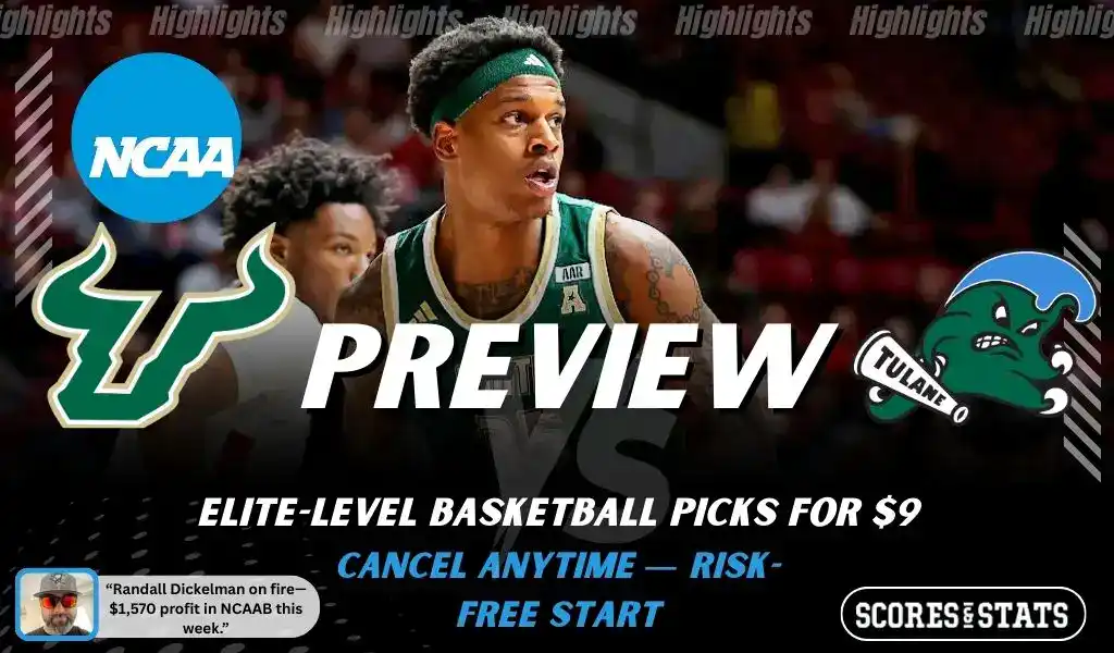 South Florida Bulls vs Tulane Green Wave preview graphic with team logos and NCAA branding for picks and predictions on January 28 2026
