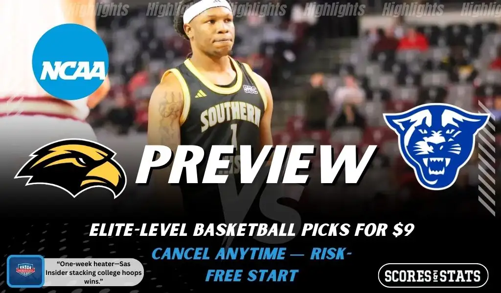 Southern Miss Golden Eagles vs Georgia State Panthers college basketball preview graphic with NCAA badge, team logos, and “Preview” text for Jan 22 2026
