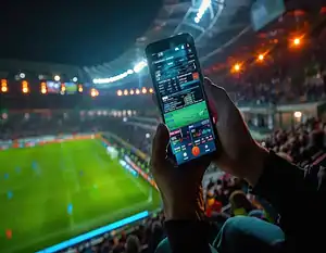 Hand holding phone with a sports betting app inside a soccer stadium