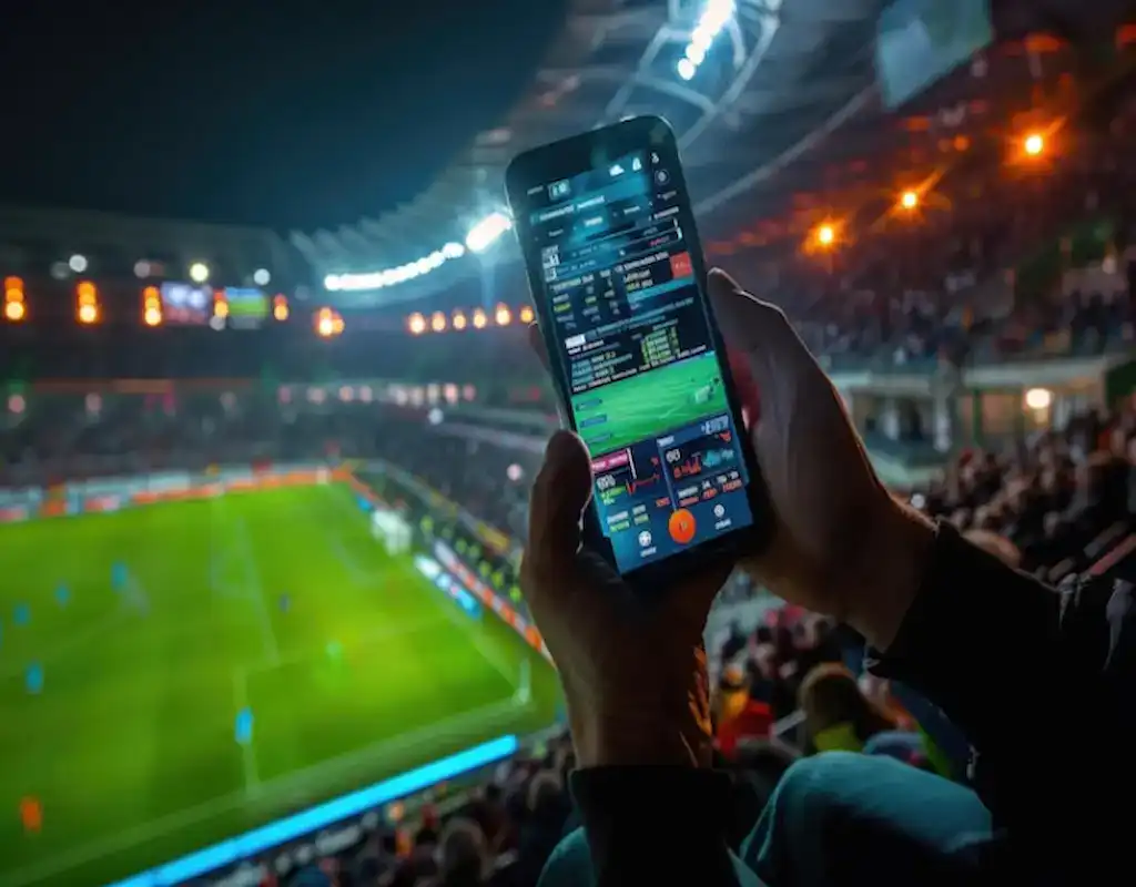 Hand holding phone with a sports betting app inside a soccer stadium