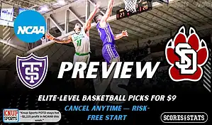 St Thomas Tommies vs South Dakota Coyotes preview graphic with team logos and NCAA branding promoting college basketball picks and predictions