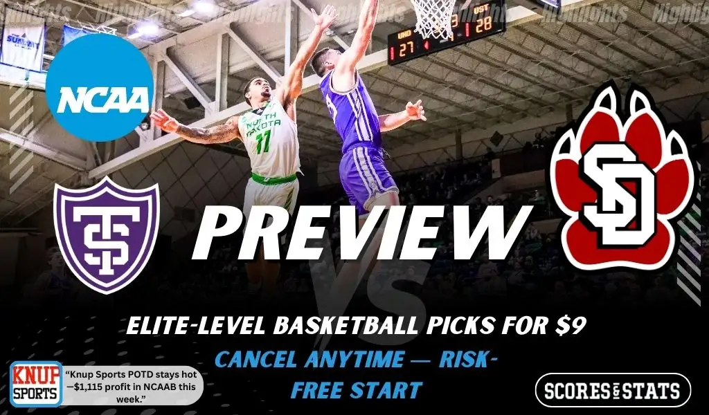 St Thomas Tommies vs South Dakota Coyotes preview graphic with team logos and NCAA branding promoting college basketball picks and predictions