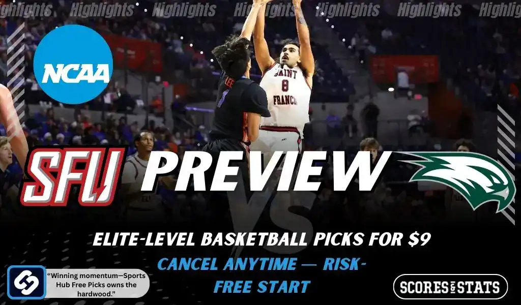 NCAA basketball preview graphic for St Francis PA Red Flash vs Wagner Seahawks with team logos game photo and the word Preview for January 8 2026