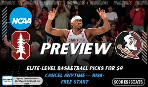 Stanford Cardinal vs Florida State Seminoles preview graphic with both team logos, “Picks and Predictions” label, and Stanford Cardinal basketball action background (January 31, 2026).