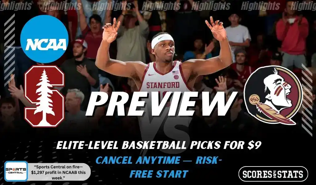 Stanford Cardinal vs Florida State Seminoles preview graphic with both team logos, “Picks and Predictions” label, and Stanford Cardinal basketball action background (January 31, 2026).