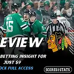 Home 11 NHL preview graphic featuring Dallas Stars and Chicago Blackhawks logos with Stars players on the ice and the word preview across the center