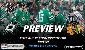 NHL preview graphic featuring Dallas Stars and Chicago Blackhawks logos with Stars players on the ice and the word preview across the center