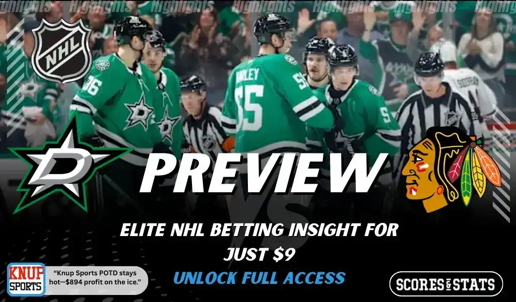 NHL preview graphic featuring Dallas Stars and Chicago Blackhawks logos with Stars players on the ice and the word preview across the center