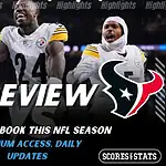 Pittsburgh Steelers versus Houston Texans NFL preview graphic with team logos and Scores and Stats branding January 12 2026