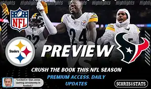Pittsburgh Steelers versus Houston Texans NFL preview graphic with team logos and Scores and Stats branding January 12 2026