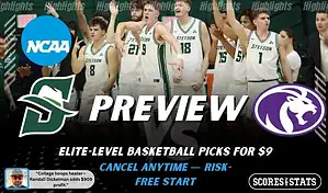 Stetson Hatters vs North Alabama Lions NCAA basketball preview graphic with players on the bench and team logos