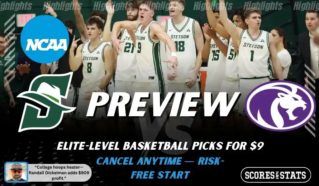 Stetson Hatters vs North Alabama Lions NCAA basketball preview graphic with players on the bench and team logos