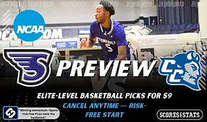 NCAA basketball preview graphic for Stonehill Skyhawks vs Central Connecticut State Blue Devils with player photo, both team logos, and “Preview” text for Jan 8, 2026