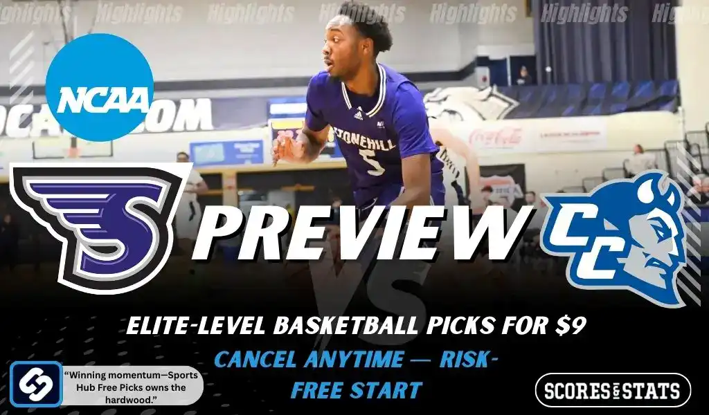 NCAA basketball preview graphic for Stonehill Skyhawks vs Central Connecticut State Blue Devils with player photo, both team logos, and “Preview” text for Jan 8, 2026