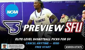 Stonehill Skyhawks vs Saint Francis PA Red Flash college basketball preview graphic with a Stonehill player and both team logos for January 19 2026