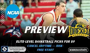 NCAA basketball preview graphic for Stony Brook Seawolves vs Drexel Dragons with team logos game photo and the word Preview for January 8 2026