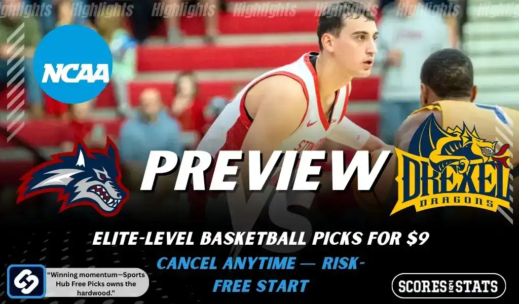 NCAA basketball preview graphic for Stony Brook Seawolves vs Drexel Dragons with team logos game photo and the word Preview for January 8 2026