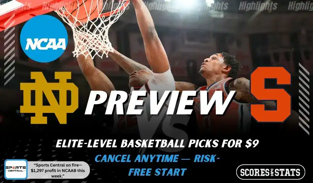 Syracuse Orange vs Notre Dame Fighting Irish preview graphic with both team logos, “Picks and Predictions” label, and Syracuse Orange basketball action background (January 31, 2026).