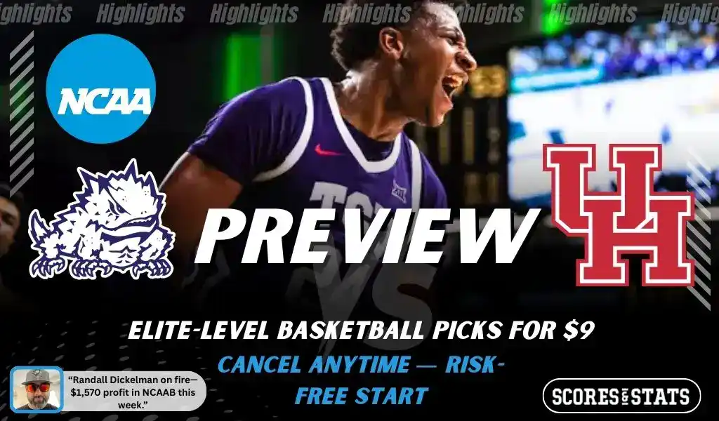 TCU Horned Frogs vs Houston Cougars preview graphic with team logos and NCAA branding promoting college basketball picks and predictions for January 28 2026