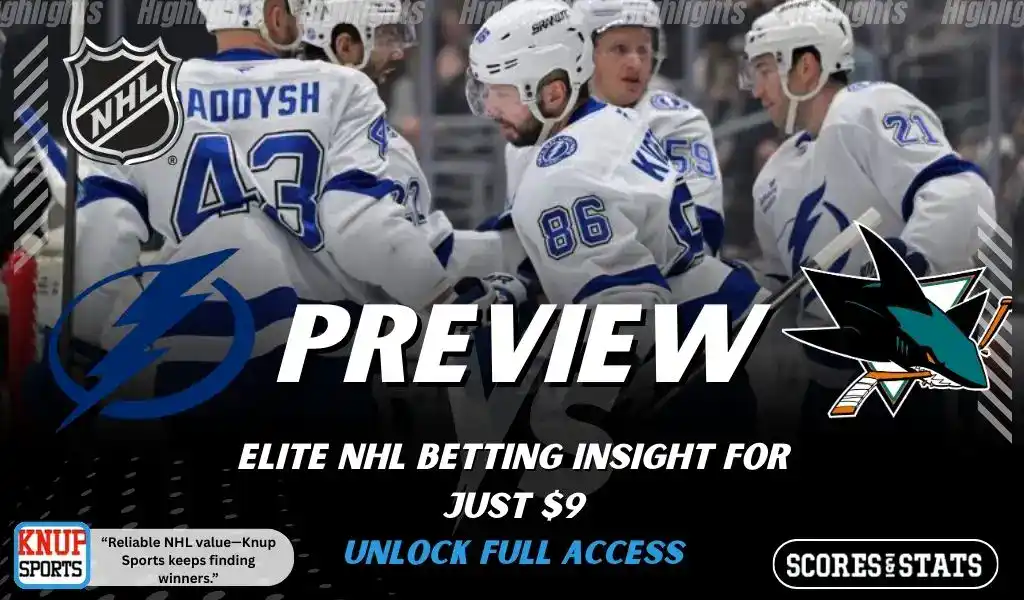 Previews 6 Tampa Bay Lightning vs San Jose Sharks NHL preview graphic with Lightning players on ice and both team logos