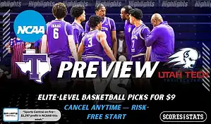 Tarleton State Texans vs Utah Tech Trailblazers preview graphic with both team logos, “Picks and Predictions” label, and Tarleton State basketball action background (January 31, 2026).