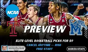 Temple Owls vs Memphis Tigers basketball preview graphic with Temple and Memphis logos and Memphis players celebrating in the background