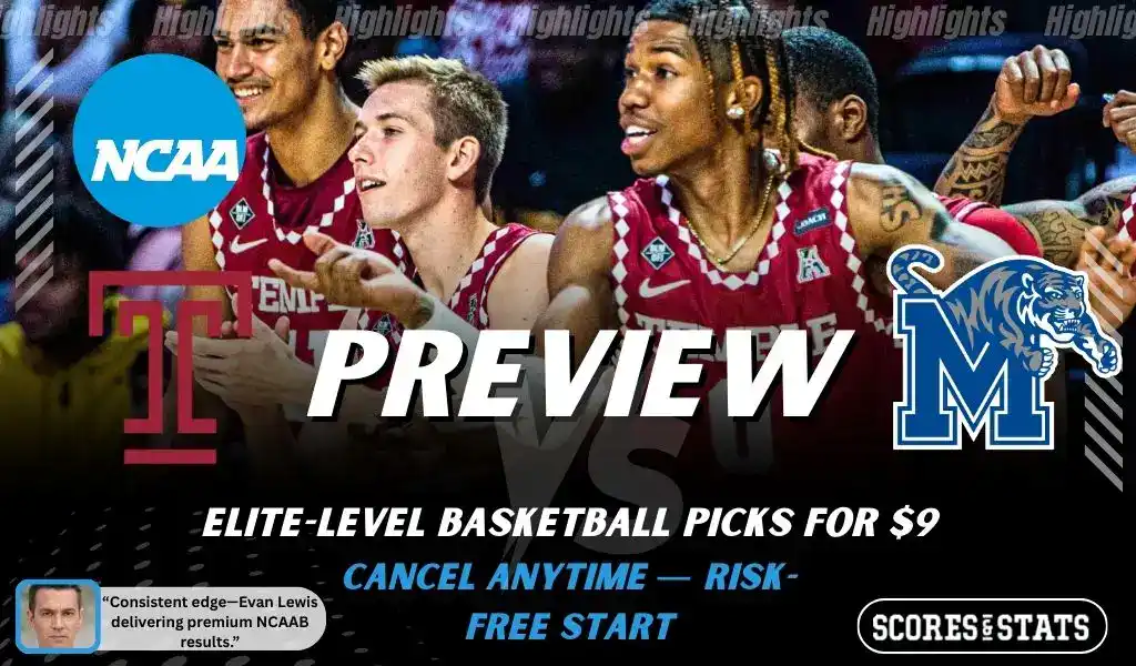 Temple Owls vs Memphis Tigers basketball preview graphic with Temple and Memphis logos and Memphis players celebrating in the background